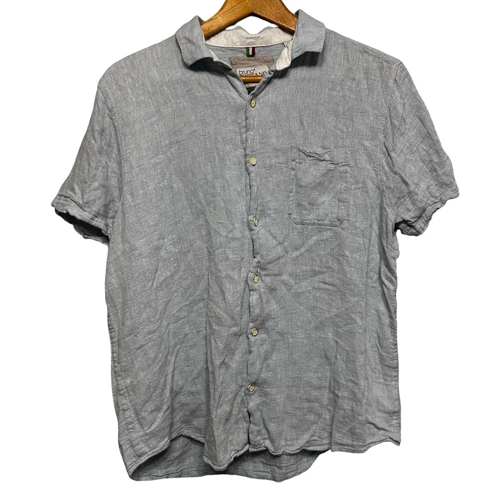 Bruno Positano Washable Linen Blue Short Sleeve Button Down Blouse Large Slouchy